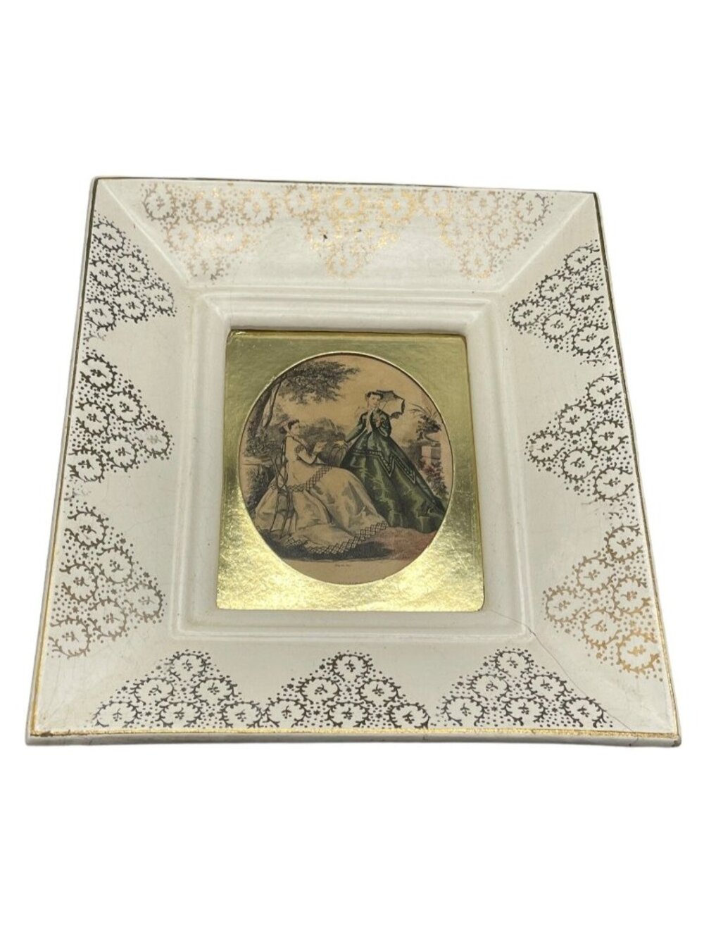 vintage ceramic framed La Mode illustree print shabby chic white gold mated READ